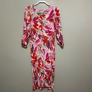 Easel Los Angeles Tropical Floral Midi Dress M V Neck 3/4 Sleeve Button Front